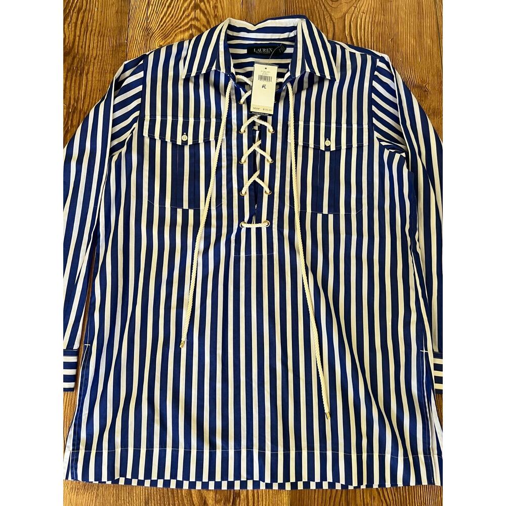 Lauren Ralph Lauren Women's Long Sleeve Blue White Stripe Shirt Size PL NWT - Picture 13 of 16